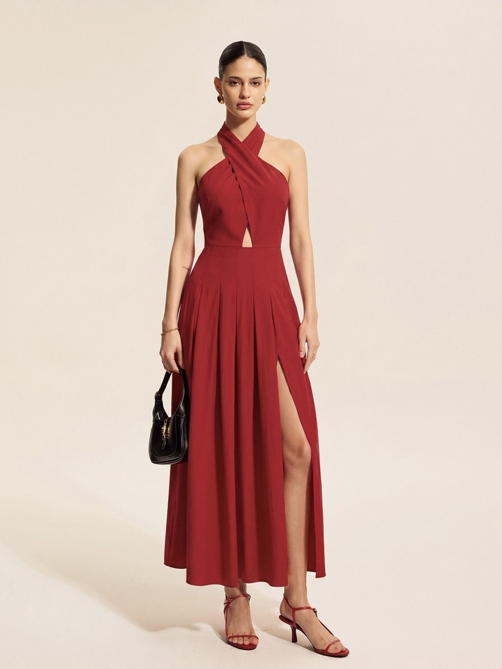 Commense Sleeveless Crisscross Halter Midi Dress in Red